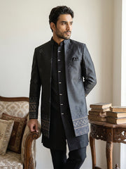 Men Embroidered Cotton Blend Indo-Western Set ( 50JIND 228Black )