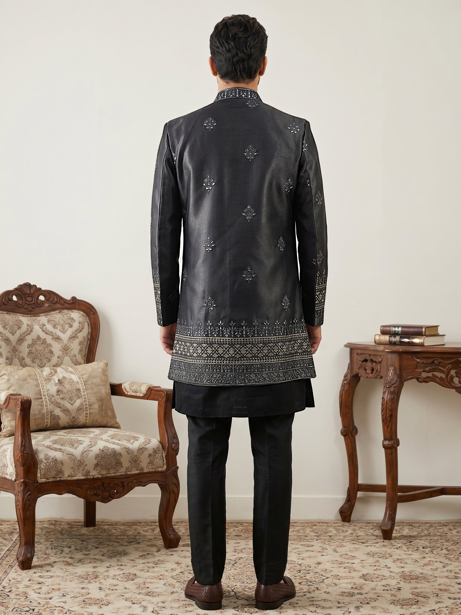 DesiQlo Men Embroidered Indo Western Set - Black - 50JIND_228Black_S