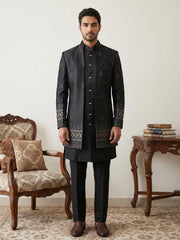 Men Embroidered Cotton Blend Indo-Western Set ( 50JIND 228Black )