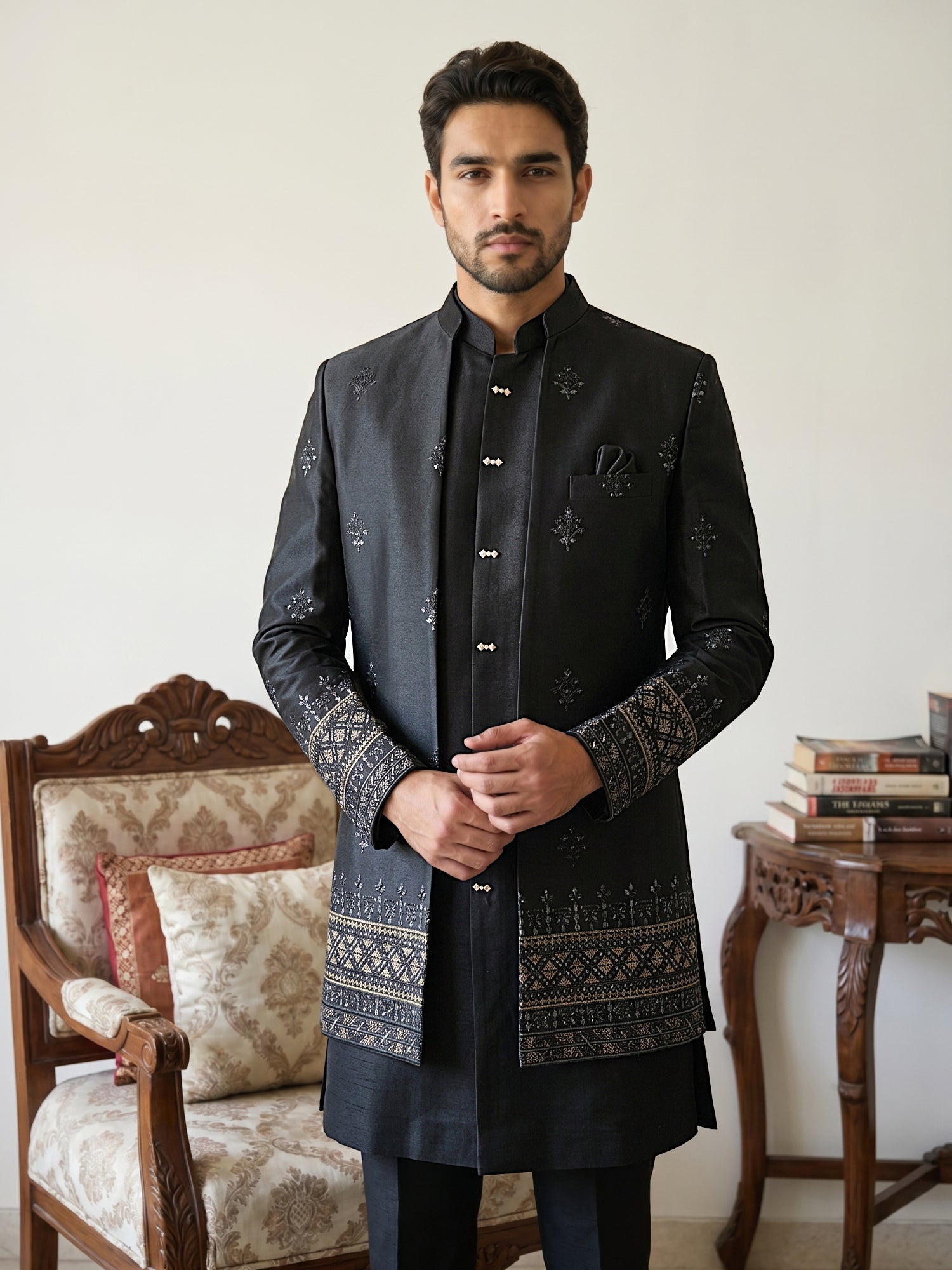 DesiQlo Men Embroidered Indo Western Set - Black - 50JIND_228Black_S
