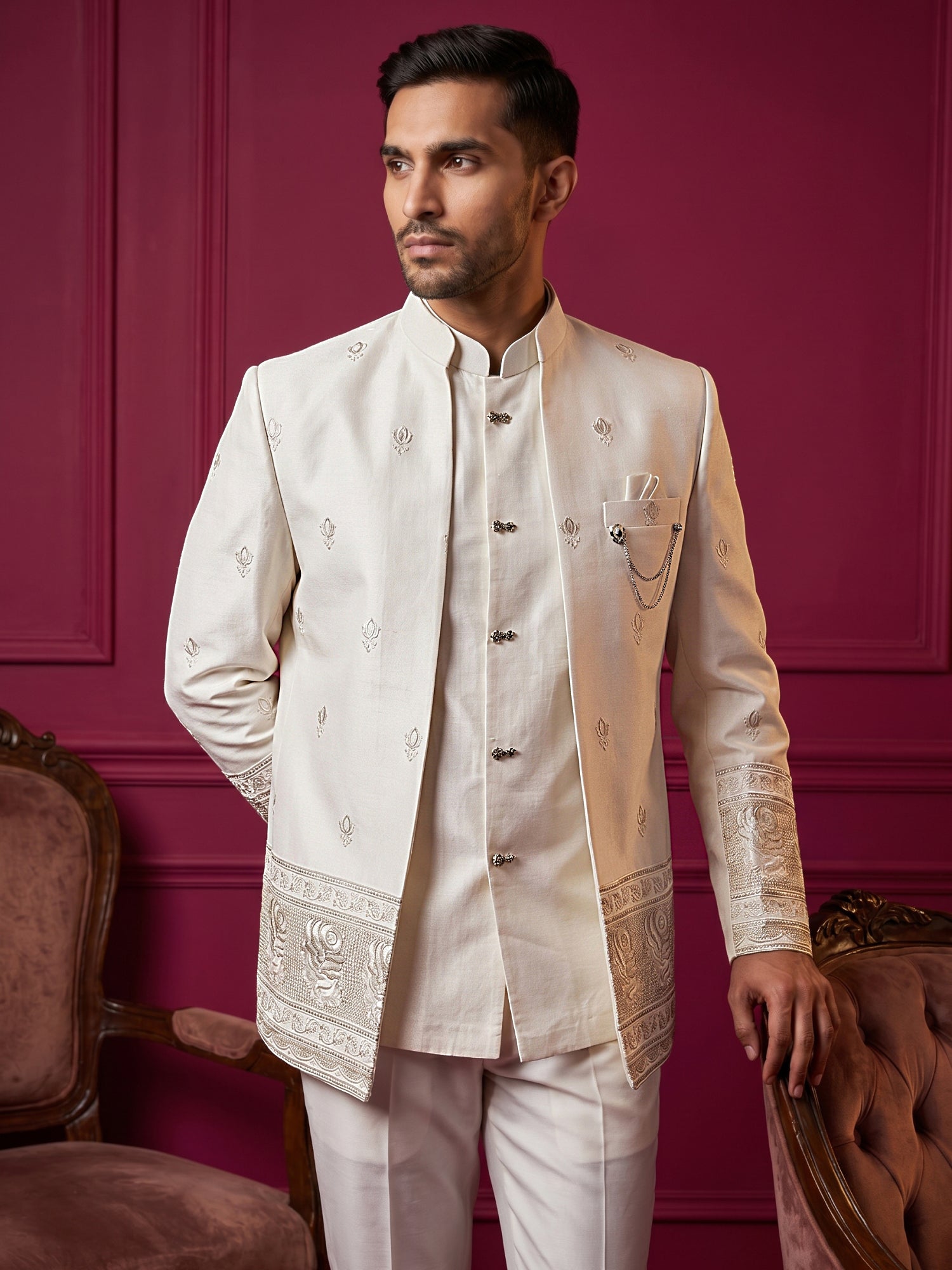 DesiQlo Men Embroidered Indo Western Set - White - 50JIND_229White_S