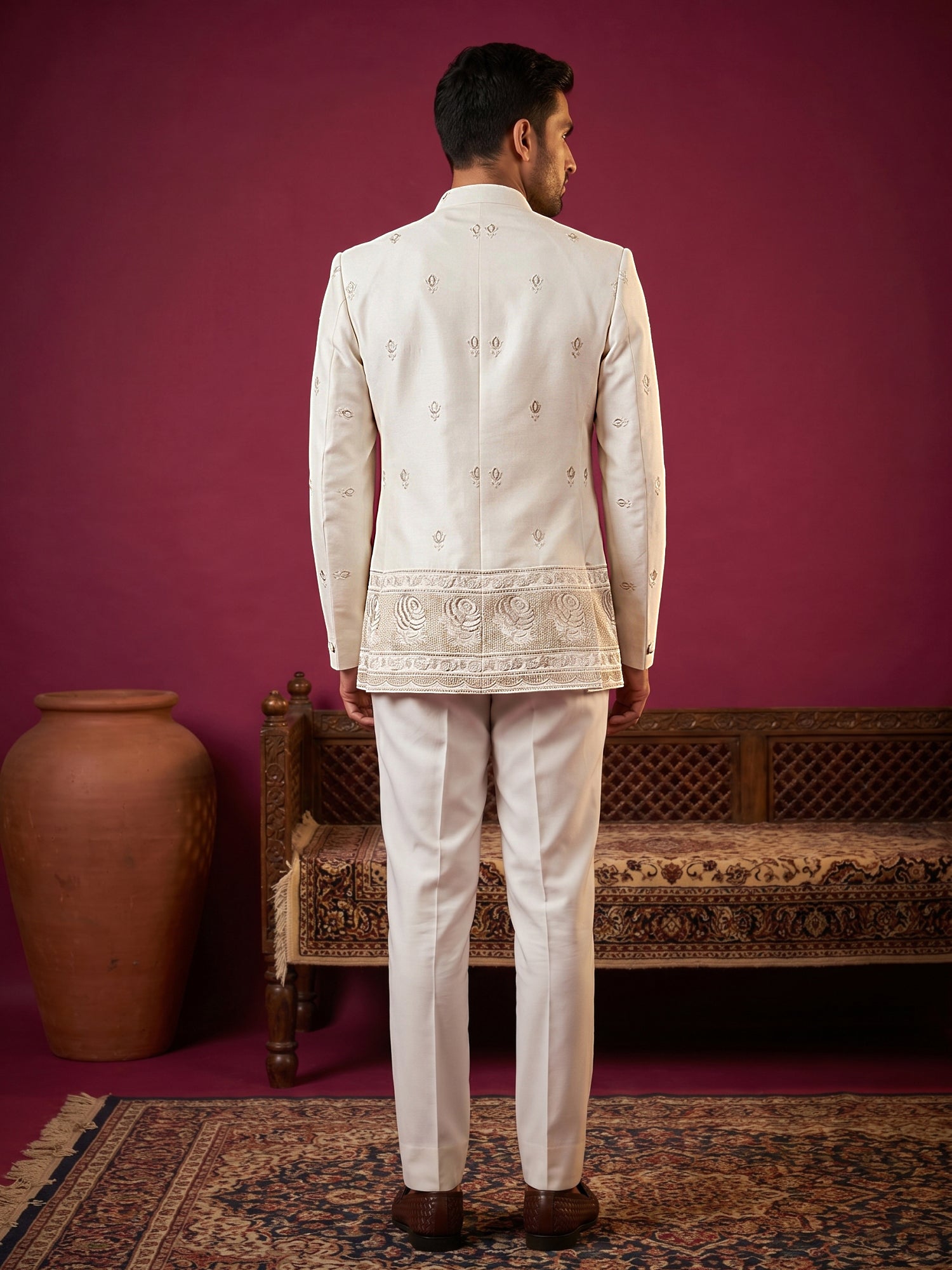 DesiQlo Men Embroidered Indo Western Set - White - 50JIND_229White_S