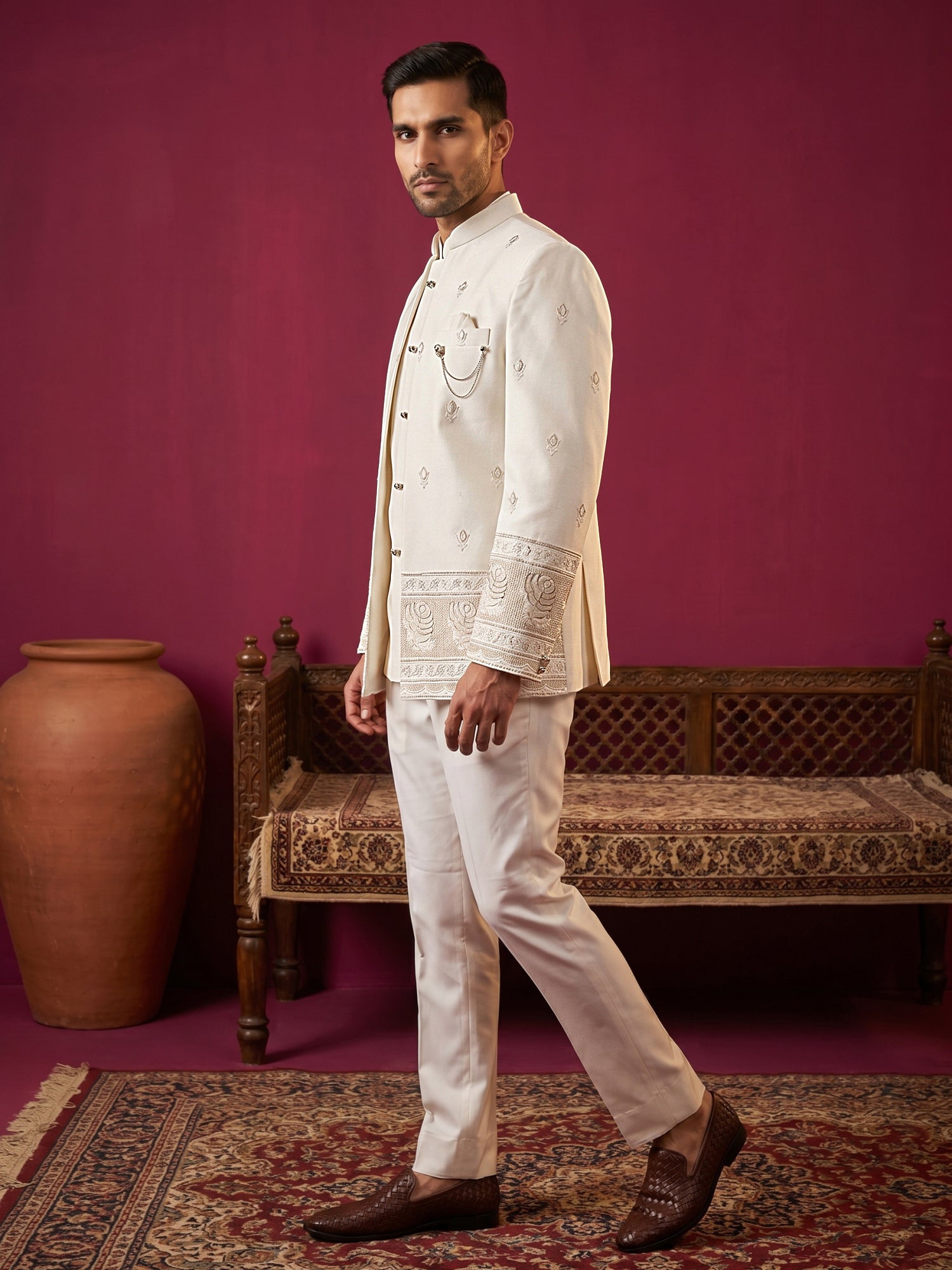 DesiQlo Men Embroidered Indo Western Set - White - 50JIND_229White_S