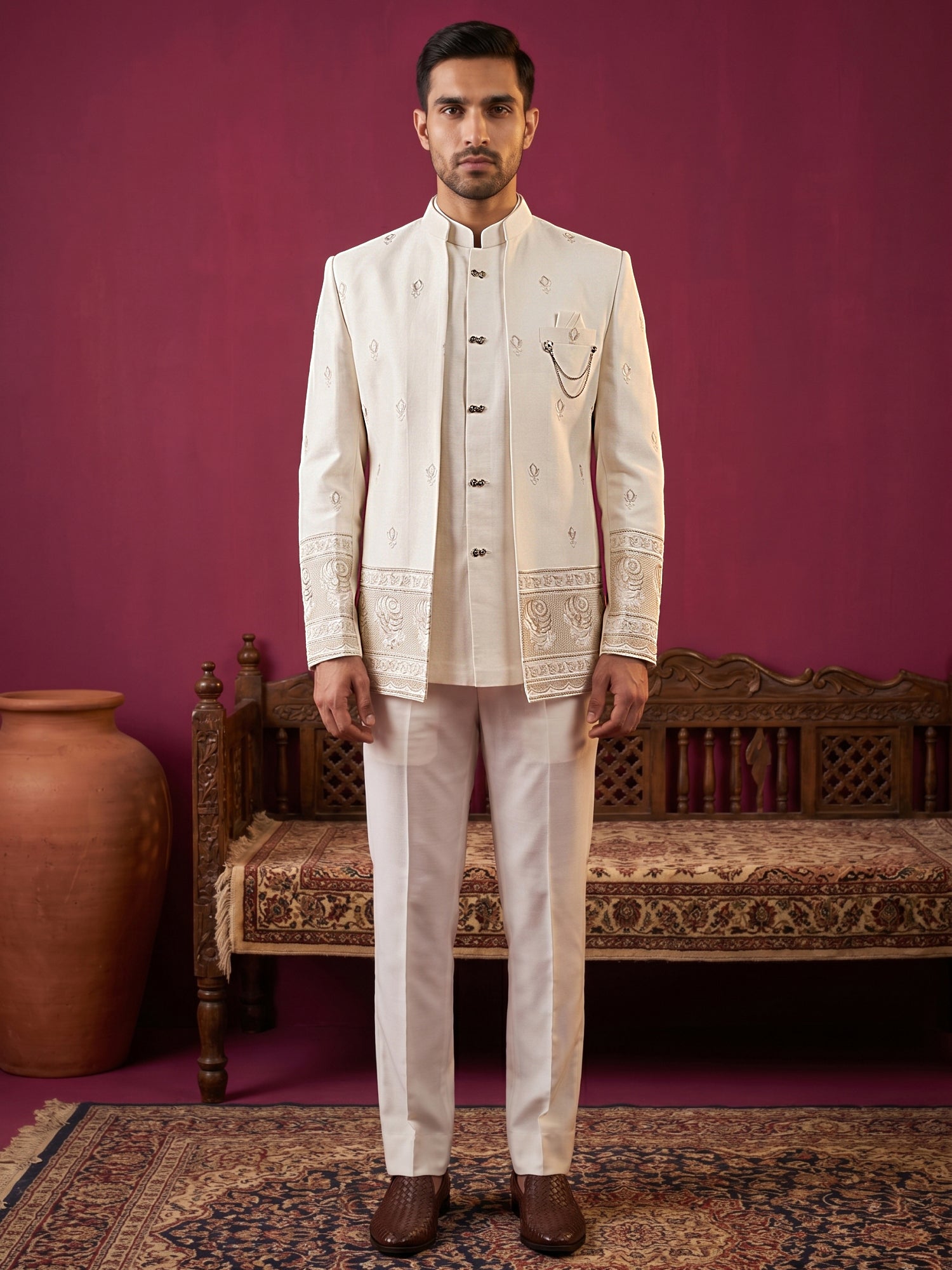 DesiQlo Men Embroidered Indo Western Set - White - 50JIND_229White_S