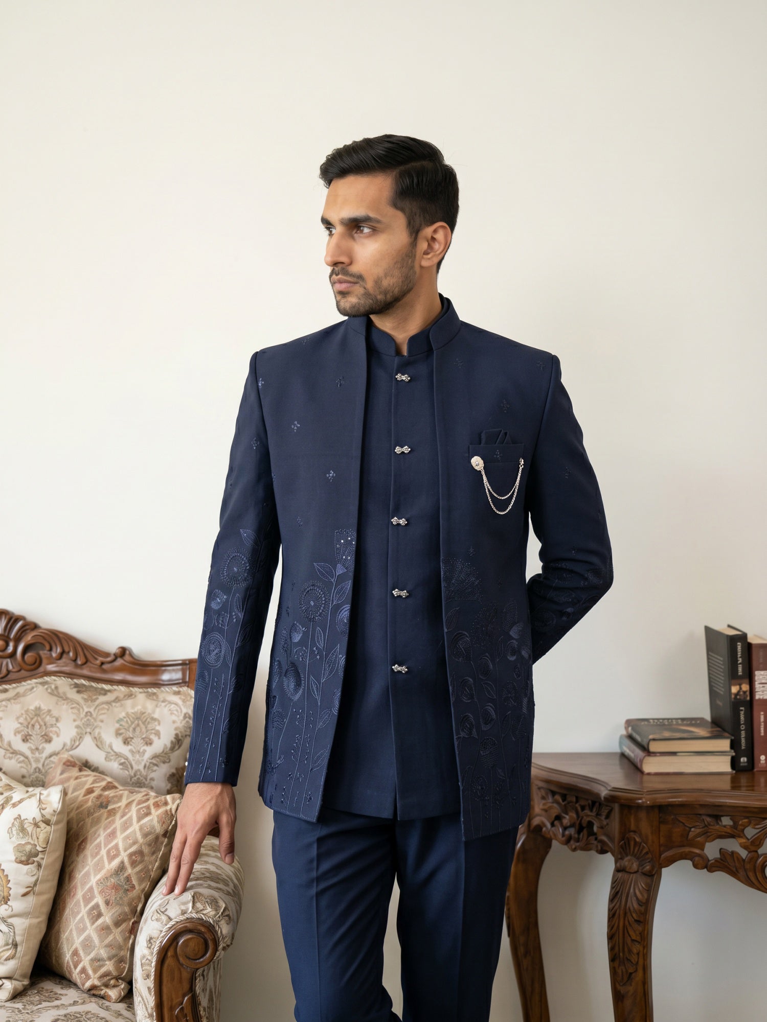 DesiQlo Men Embroidered Indo Western Set - Blue - 50JIND_233Navy_S