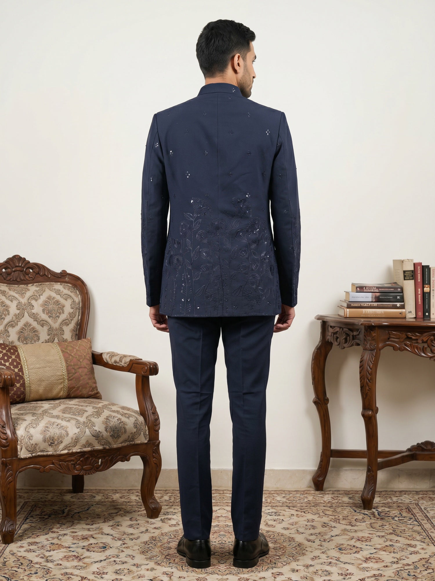 DesiQlo Men Embroidered Indo Western Set - Blue - 50JIND_233Navy_S