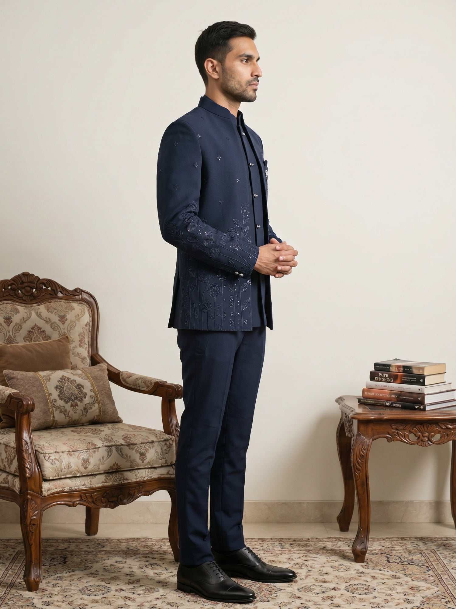 DesiQlo Men Embroidered Indo Western Set - Blue - 50JIND_233Navy_S