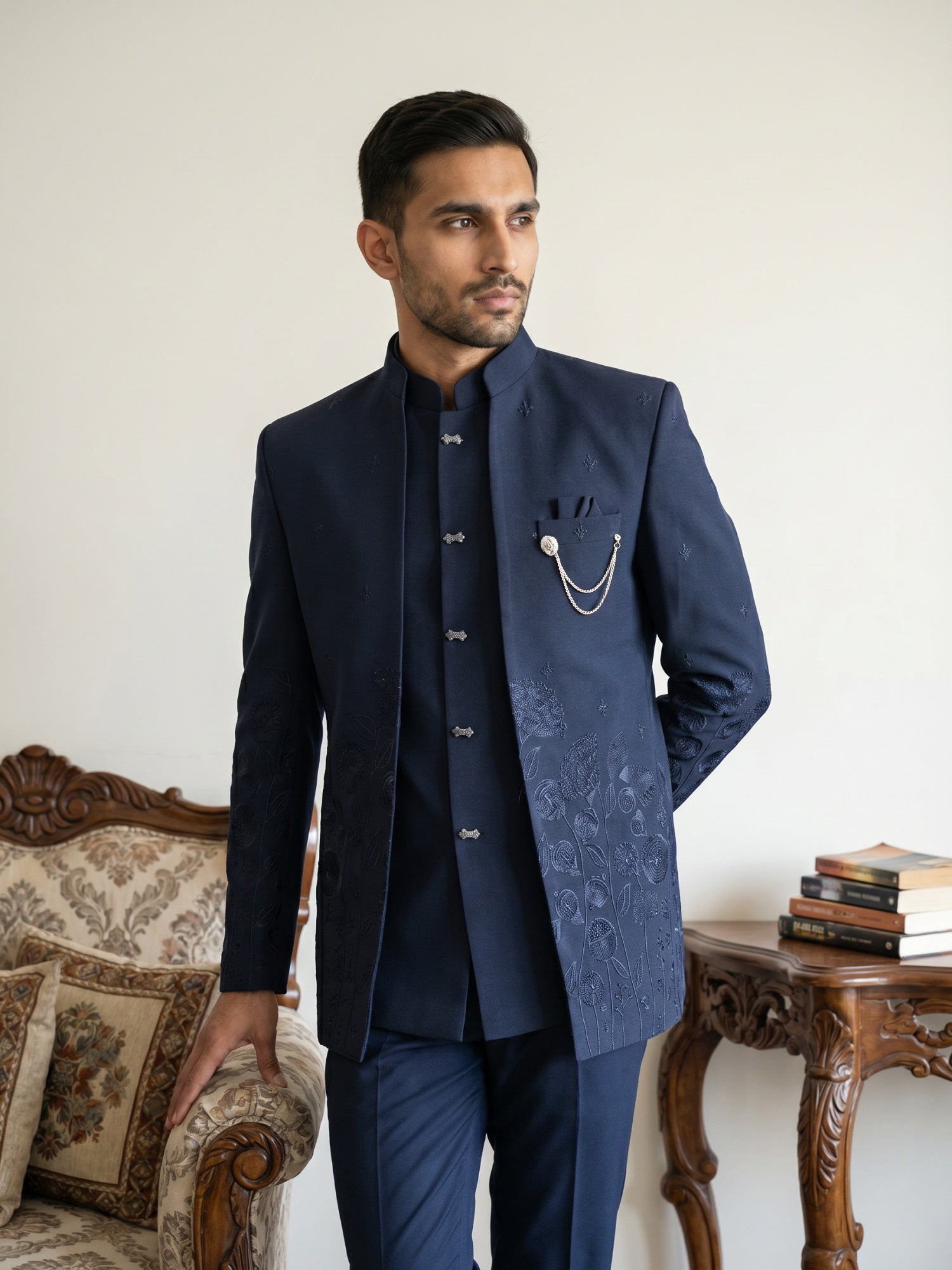 DesiQlo Men Embroidered Indo Western Set - Blue - 50JIND_233Navy_S