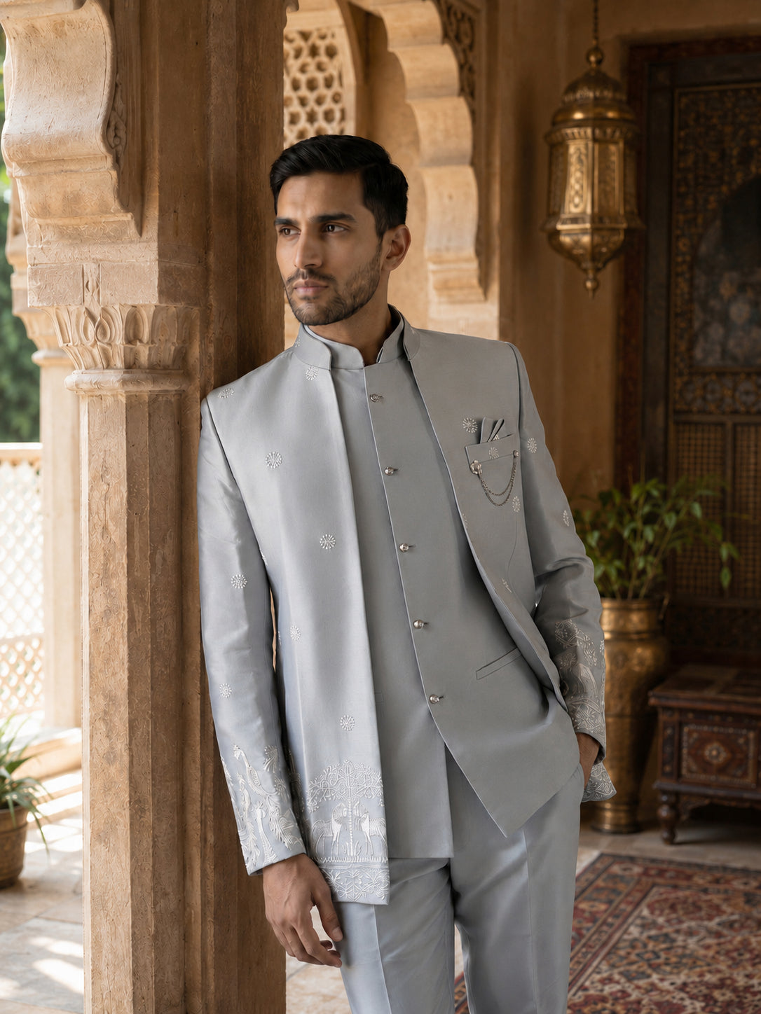 DesiQlo Men Embroidered Indo Western Set - Silver - 50JIND_234Silver_S