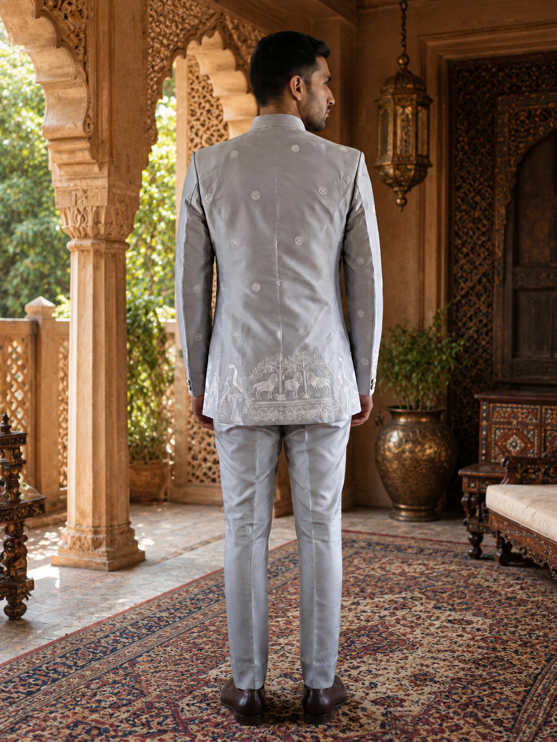 DesiQlo Men Embroidered Indo Western Set - Silver - 50JIND_234Silver_S