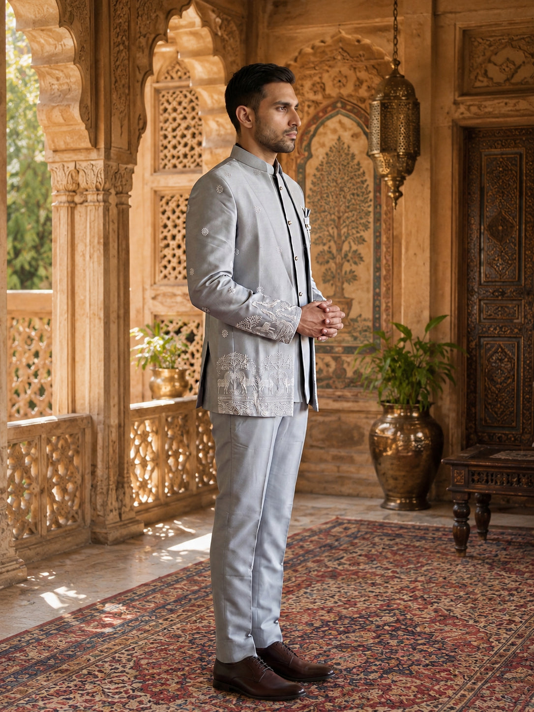 DesiQlo Men Embroidered Indo Western Set - Silver - 50JIND_234Silver_S
