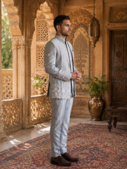 Embroidered Silk Blend Indo-Western Set ( 50JIND 234Silver )