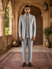 Embroidered Silk Blend Indo-Western Set ( 50JIND 234Silver )