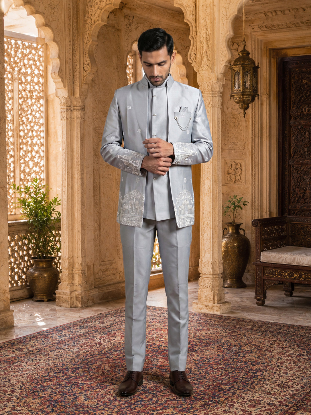 DesiQlo Men Embroidered Indo Western Set - Silver - 50JIND_234Silver_S