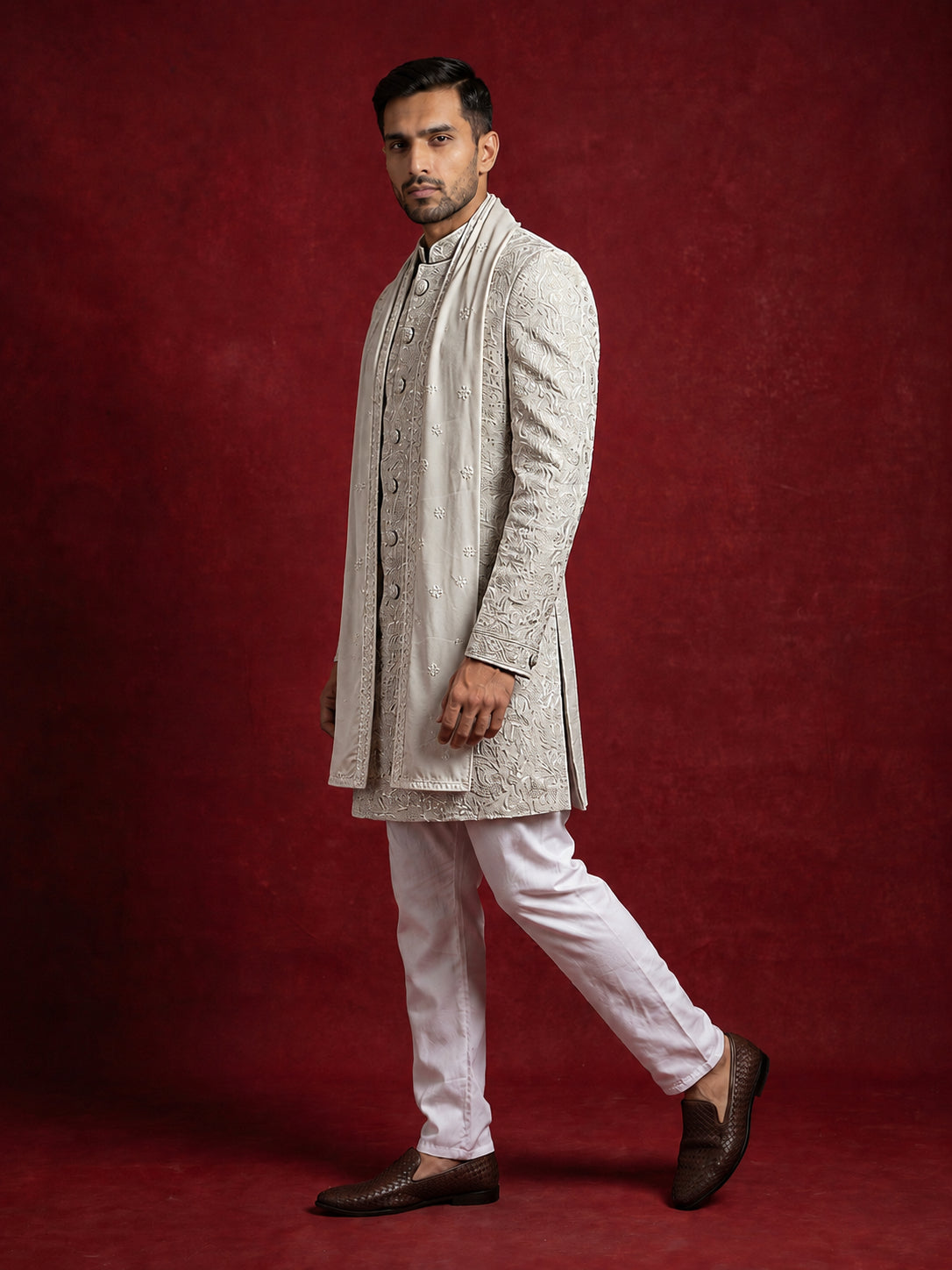 DesiQlo Men Embroidered Indo Western Set - Beige