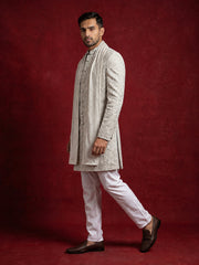 Men Silk Blend Embroidered Indo-Western Set ( 50JIND P5W 236Cream )