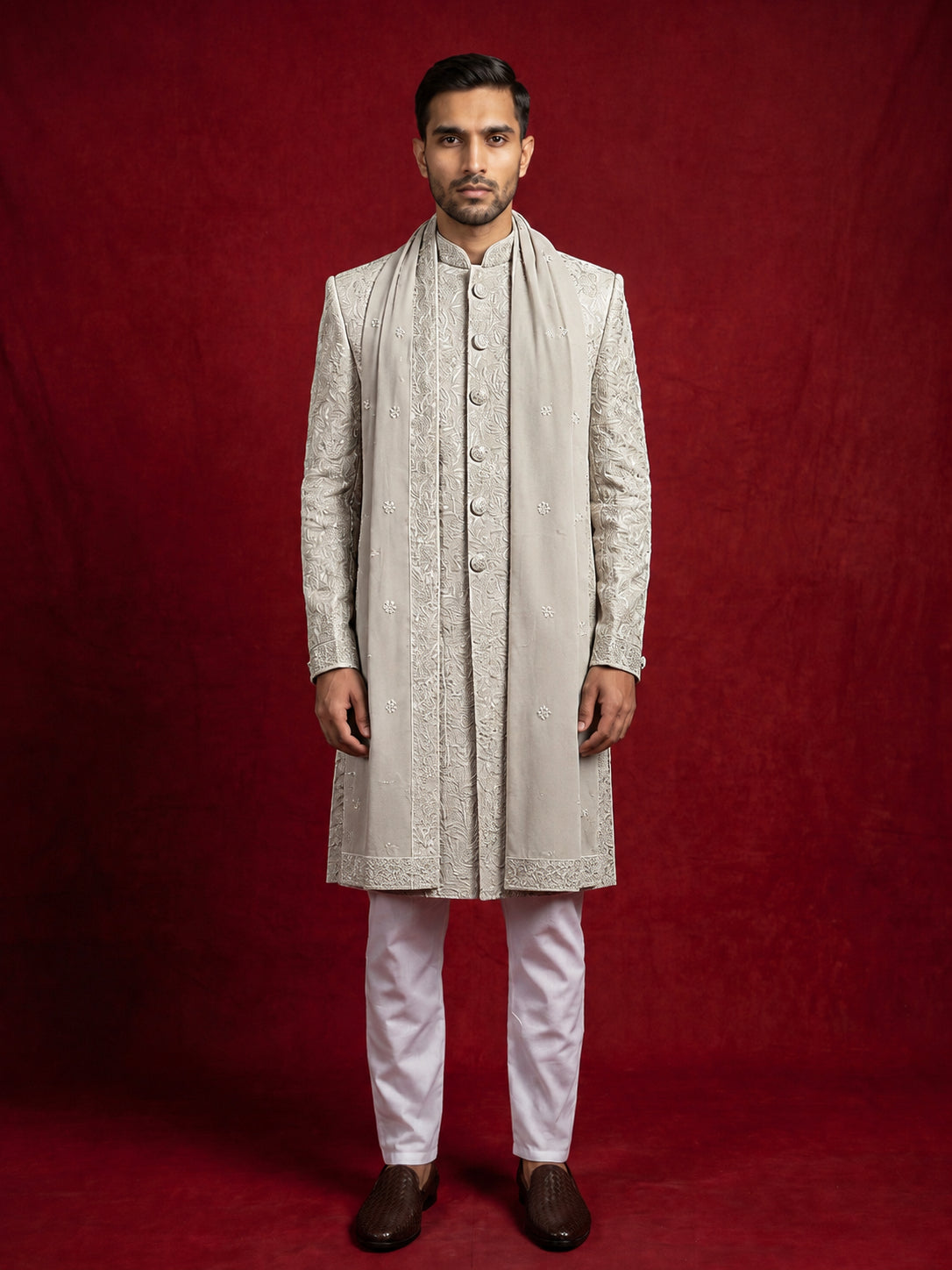 DesiQlo Men Embroidered Indo Western Set - Beige