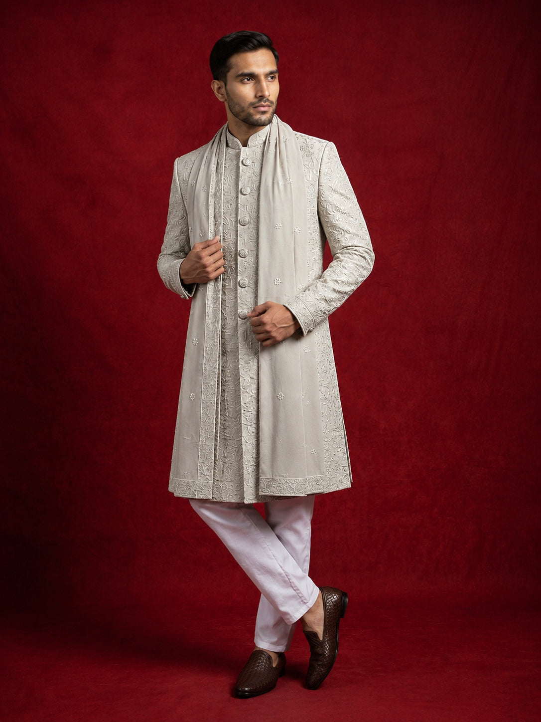DesiQlo Men Embroidered Indo Western Set - Beige