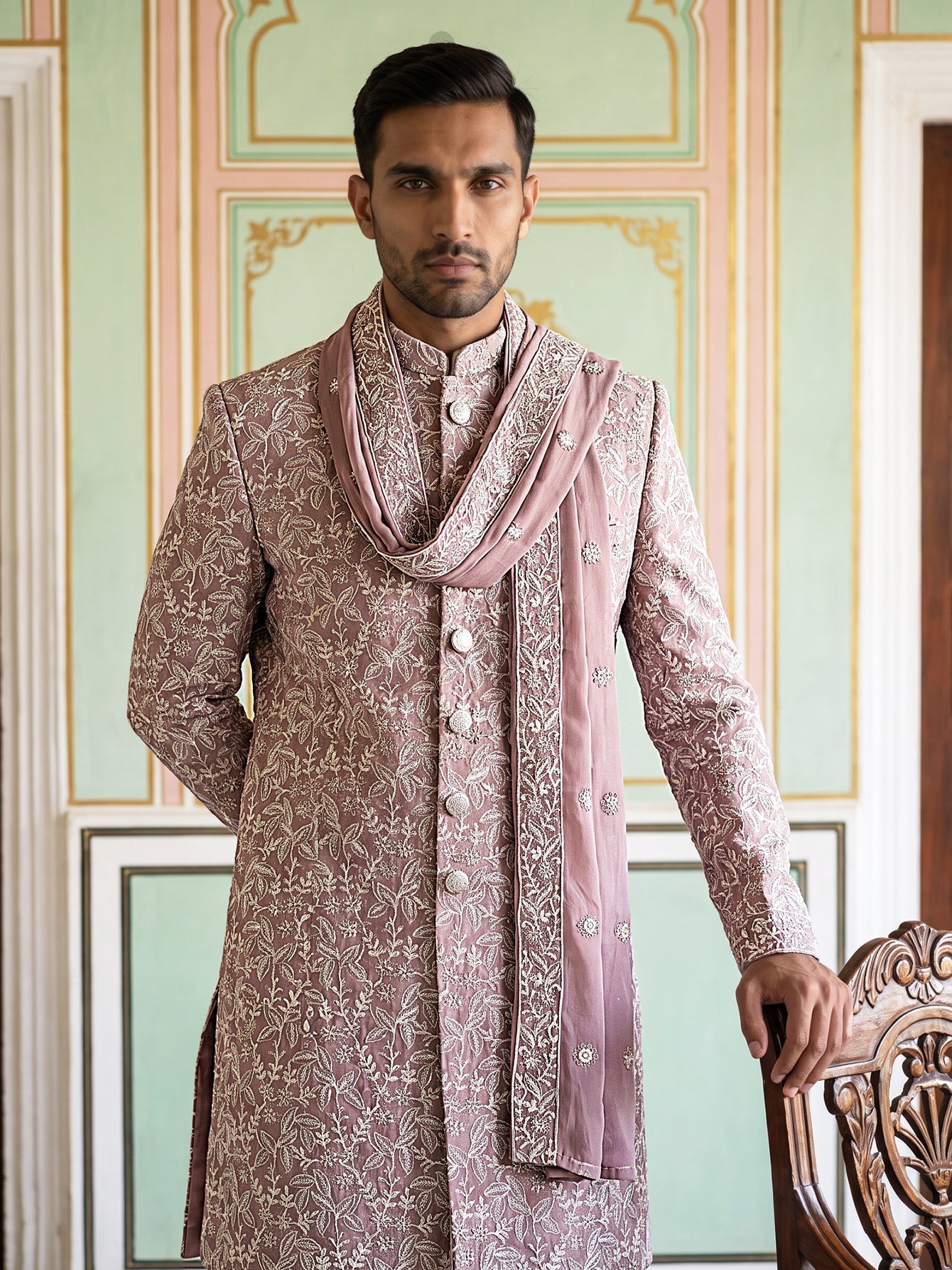 DesiQlo Men Embroidered Indo Western Set - Pink
