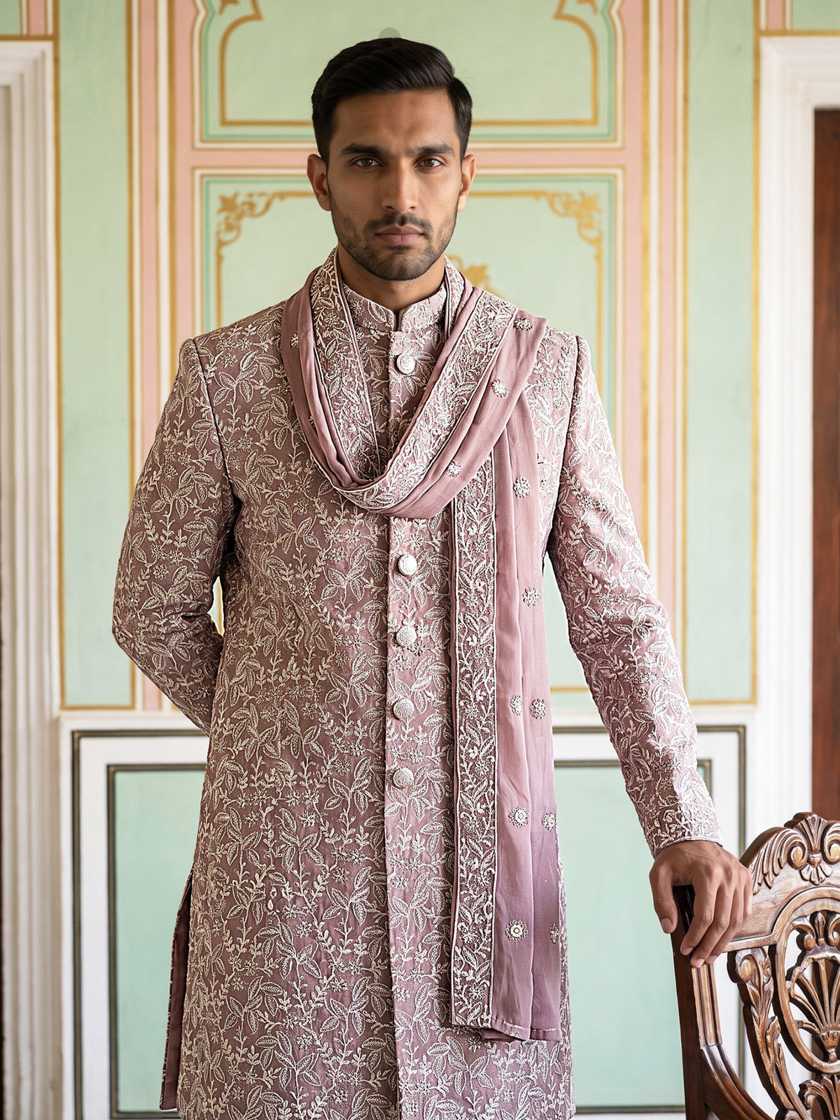 Men Silk Blend Embroidered Indo-Western Set ( 50JIND P5W 236Magenta )
