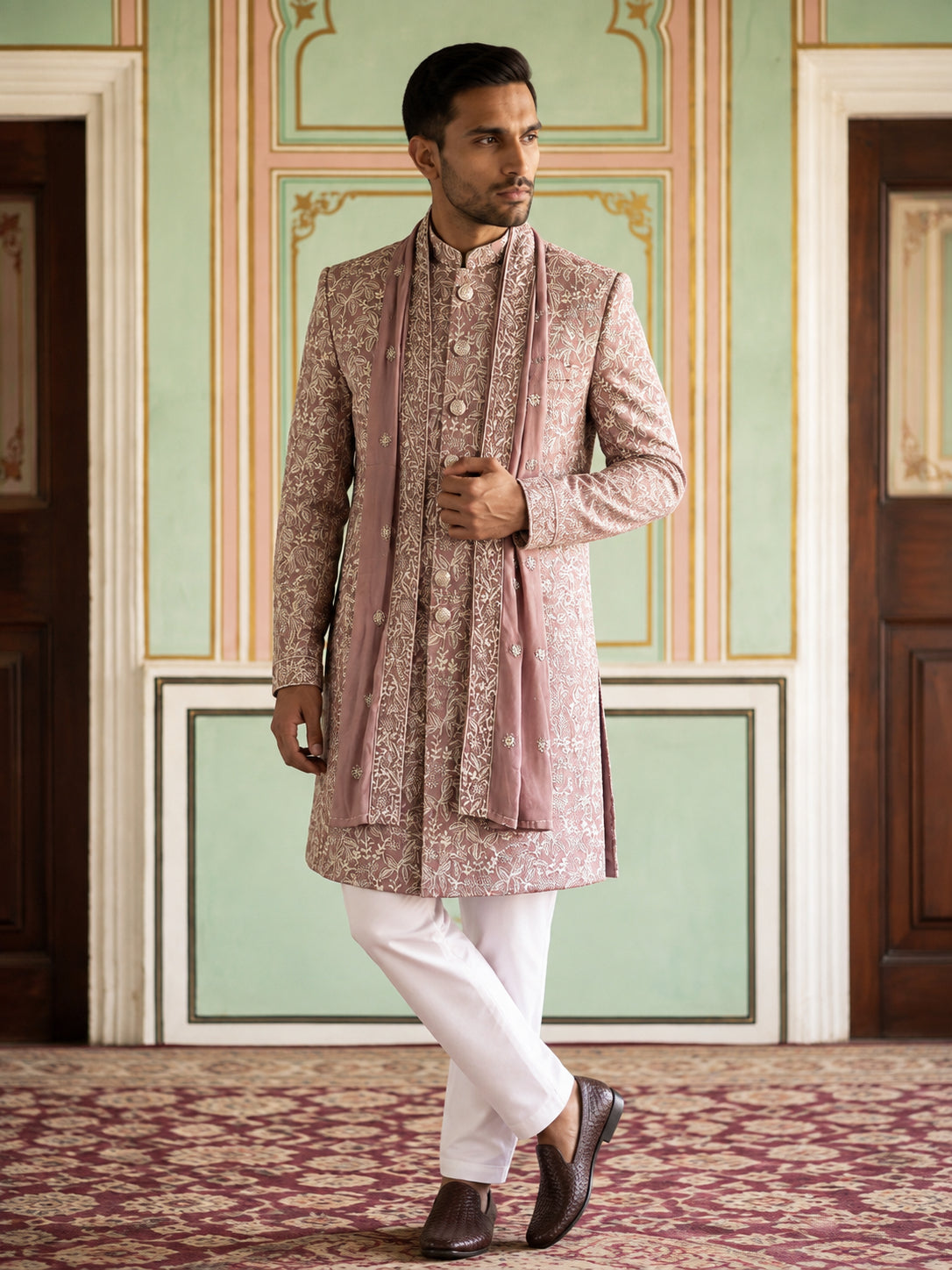 DesiQlo Men Embroidered Indo Western Set - Pink