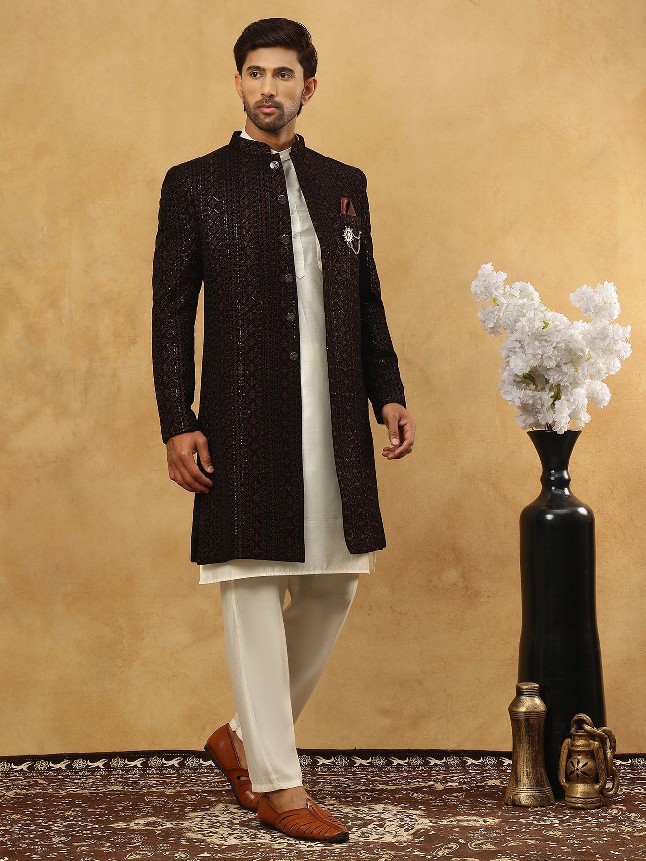 DesiQlo Men Embroidered Indo Western Set - Maroon - 50JIND_592W_103Mar