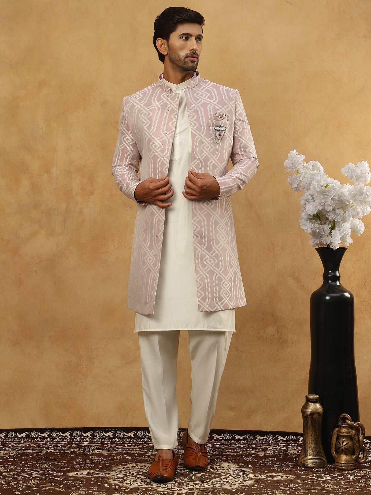 DesiQlo Men Embroidered Indo Western Set - Purple - 50JIND_592W_135Pur