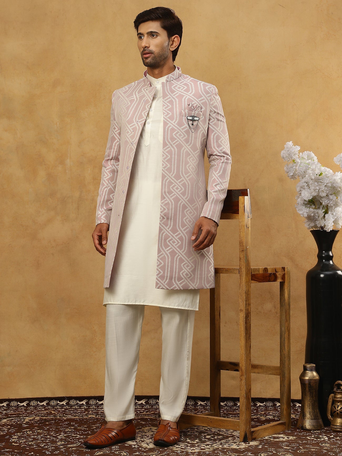 DesiQlo Men Embroidered Indo Western Set - Purple - 50JIND_592W_135Pur