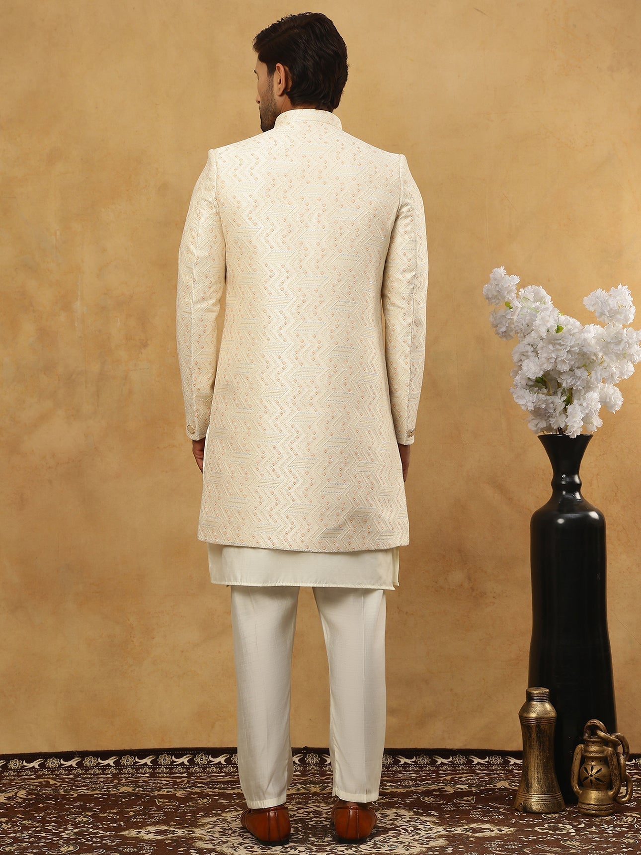DesiQlo Men Embroidered Indo Western Set - Beige - 50JIND_592W_137Crea