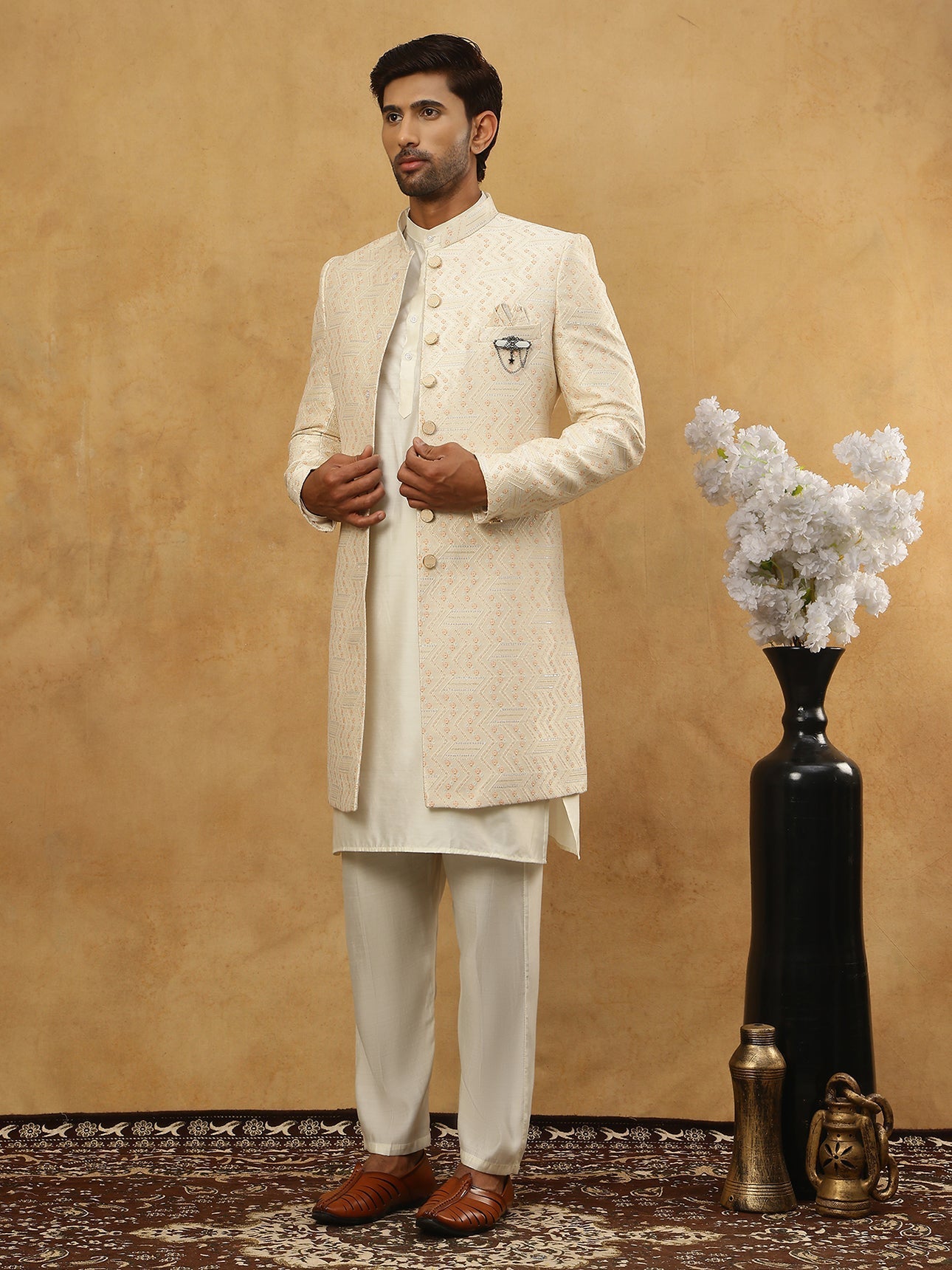 DesiQlo Men Embroidered Indo Western Set - Beige - 50JIND_592W_137Crea
