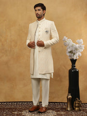 Jacquard Silk Embroidered Indo-Western Set ( 50JIND 592W 137Cream )
