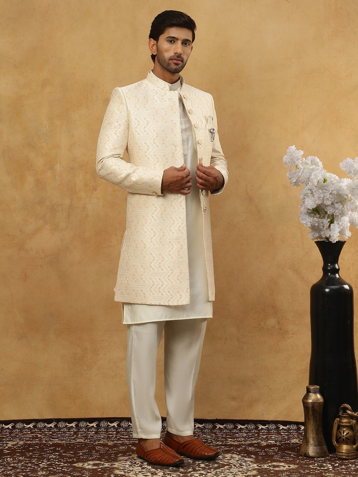 DesiQlo Men Embroidered Indo Western Set - Beige - 50JIND_592W_137Crea