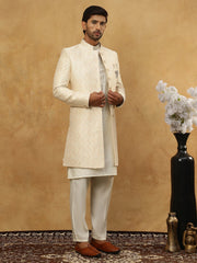 Jacquard Silk Embroidered Indo-Western Set ( 50JIND 592W 137Cream )
