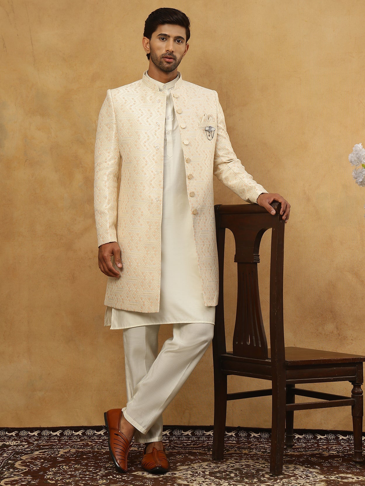 DesiQlo Men Embroidered Indo Western Set - Beige - 50JIND_592W_137Crea