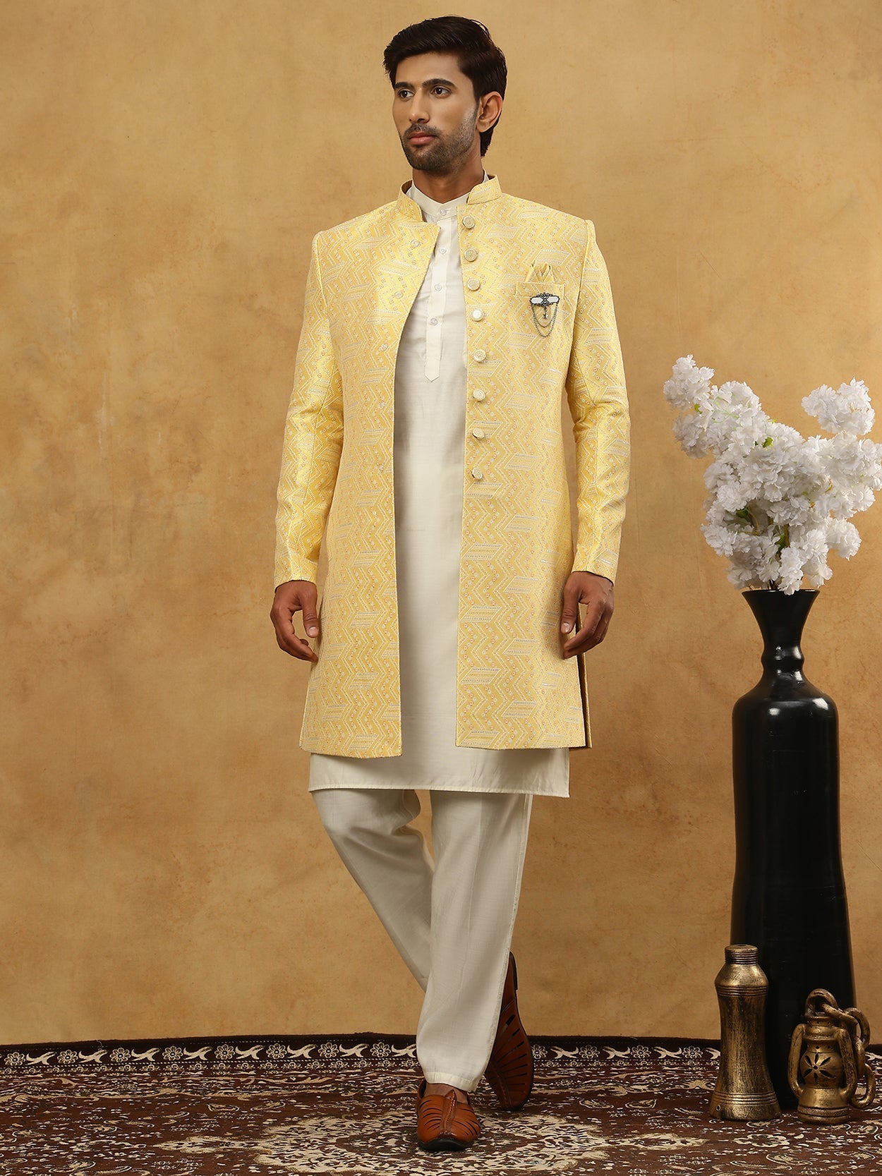 DesiQlo Men Embroidered Indo Western Set - Yellow - 50JIND_592W_137Yel