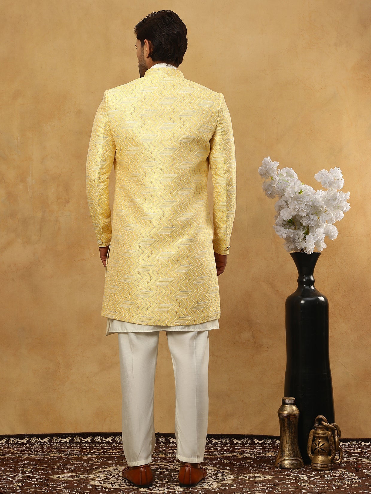 DesiQlo Men Embroidered Indo Western Set - Yellow - 50JIND_592W_137Yel