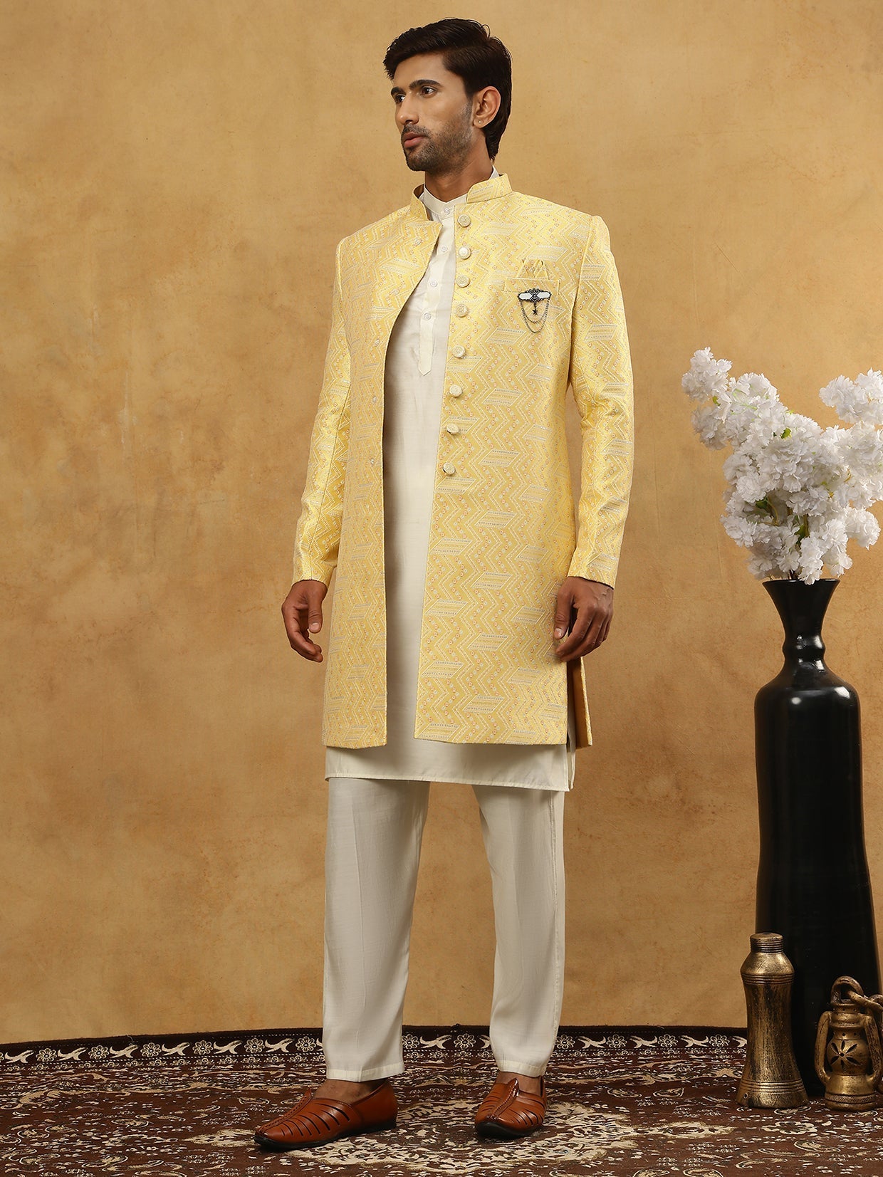 DesiQlo Men Embroidered Indo Western Set - Yellow - 50JIND_592W_137Yel