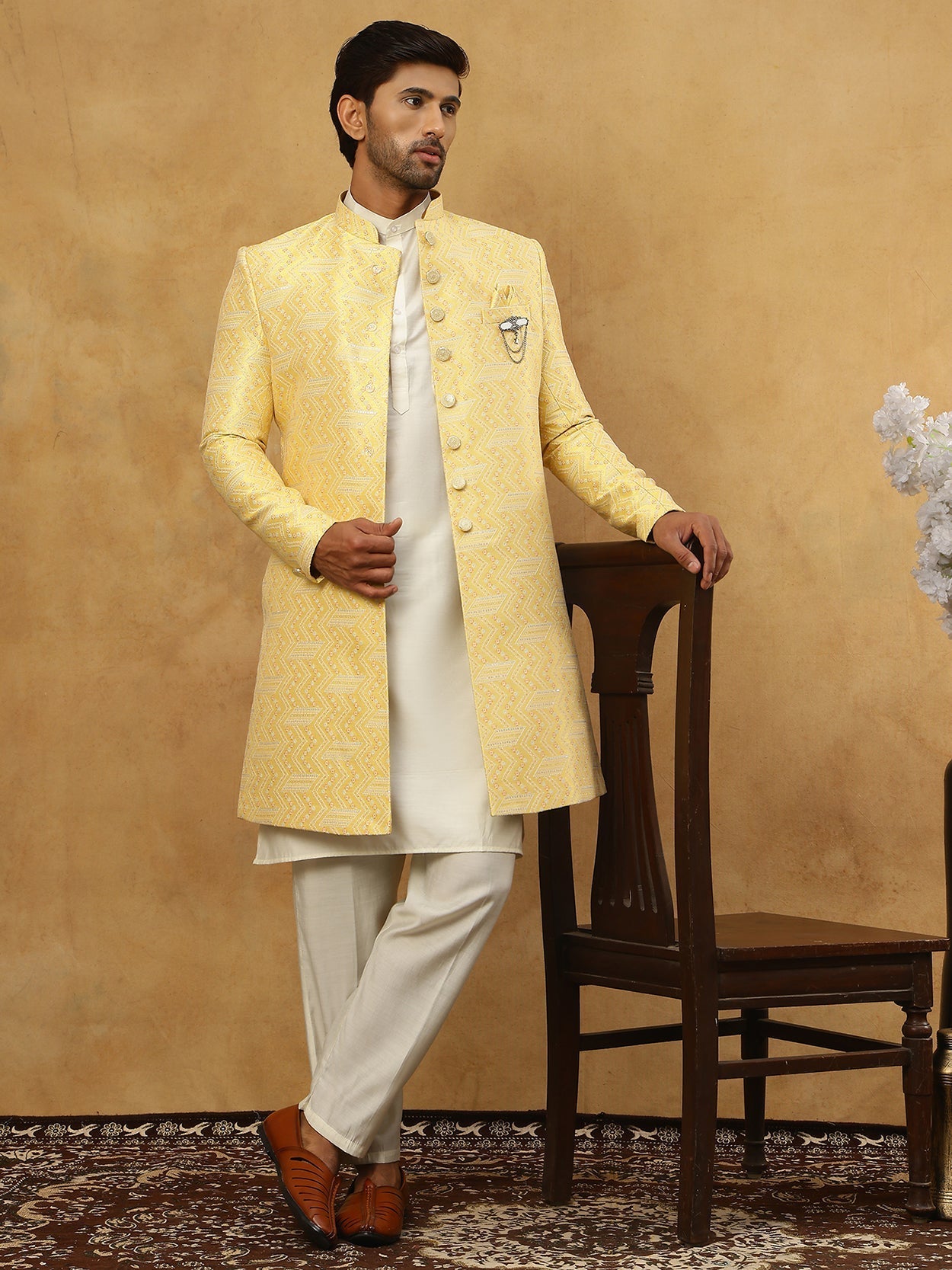 DesiQlo Men Embroidered Indo Western Set - Yellow - 50JIND_592W_137Yel