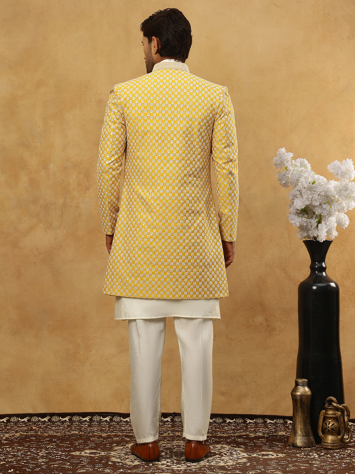 DesiQlo Men Embroidered Indo Western Set - Yellow - 50JIND_592W_138Yel