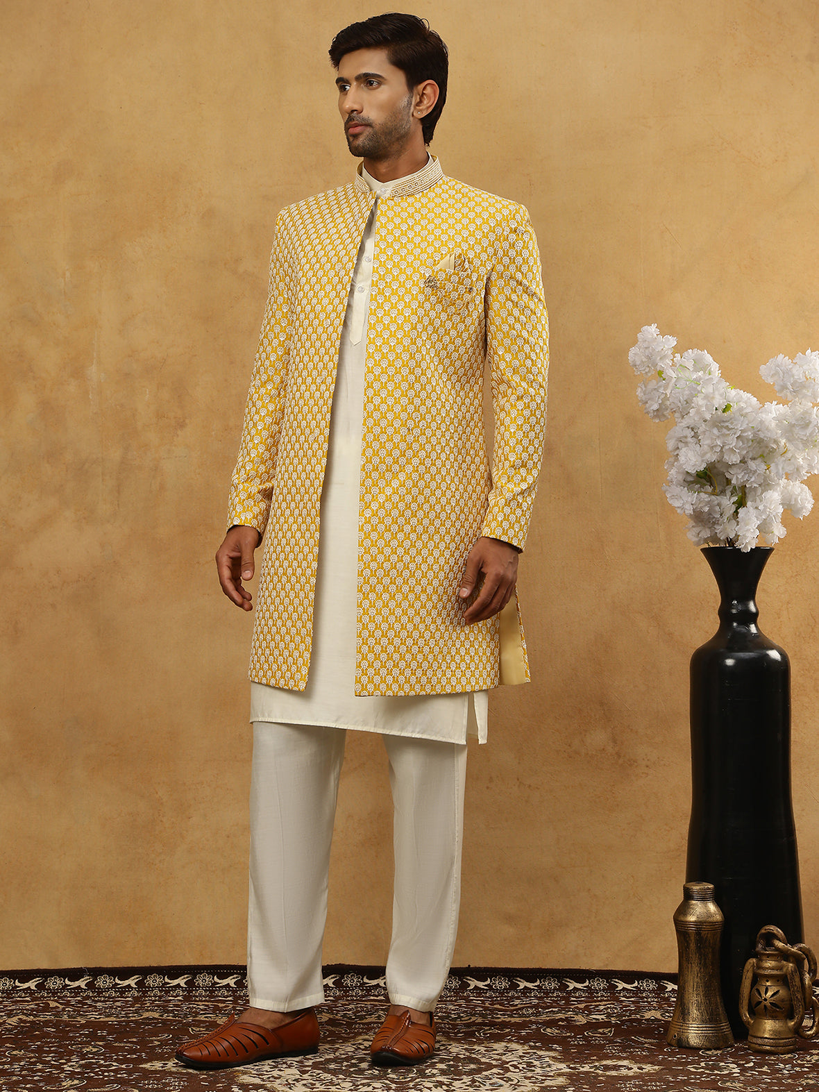 DesiQlo Men Embroidered Indo Western Set - Yellow - 50JIND_592W_138Yel