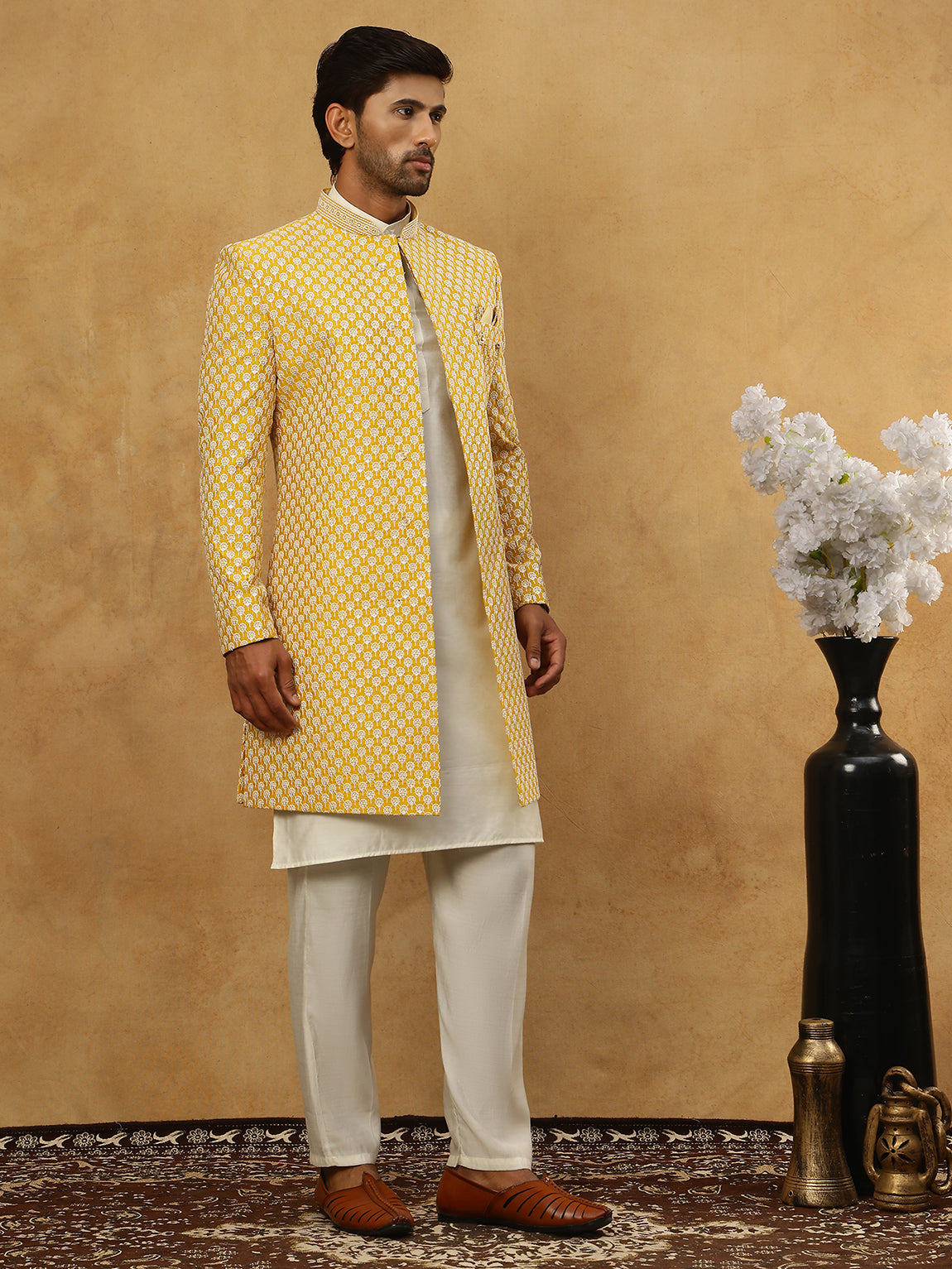 DesiQlo Men Embroidered Indo Western Set - Yellow - 50JIND_592W_138Yel