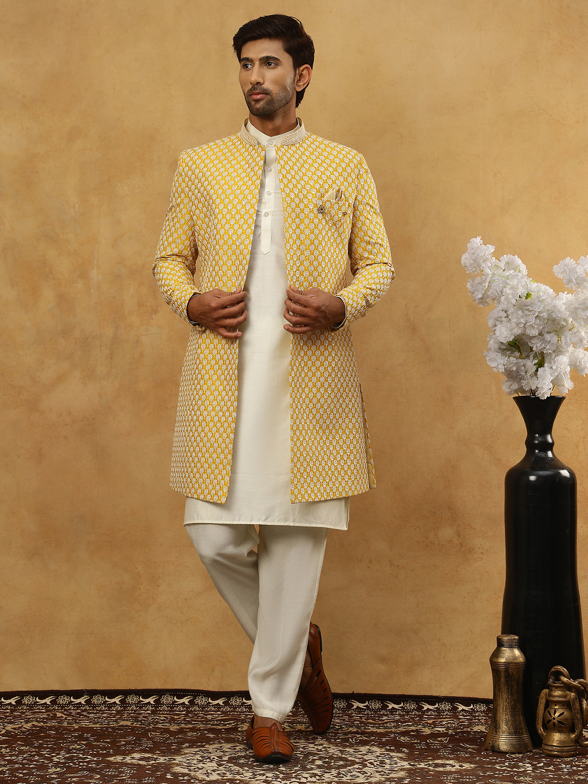 DesiQlo Men Embroidered Indo Western Set - Yellow - 50JIND_592W_138Yel