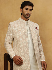 Cotton Blend Embroidered Indo-Western Set ( 50JIND 592W 149Beige )
