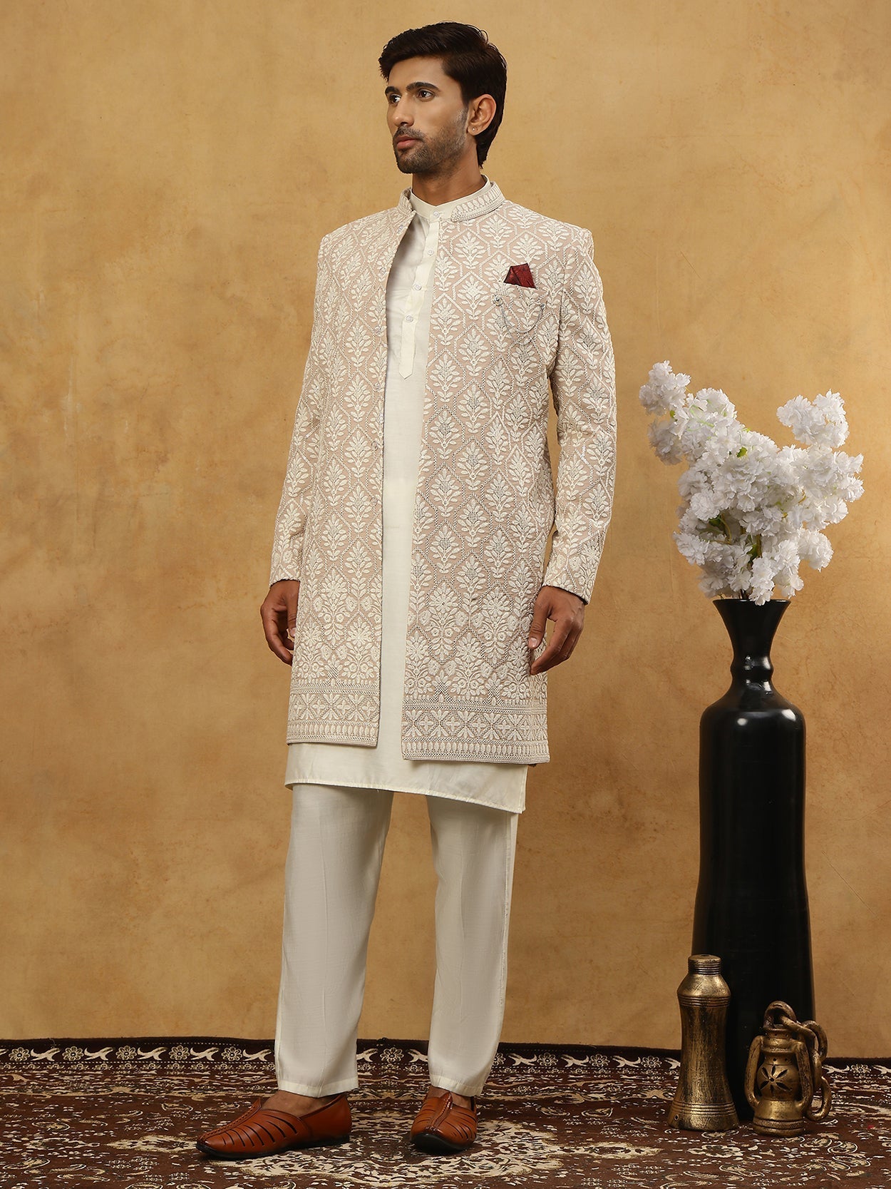 DesiQlo Men Embroidered Indo Western Set - Beige - 50JIND_592W_149Beig
