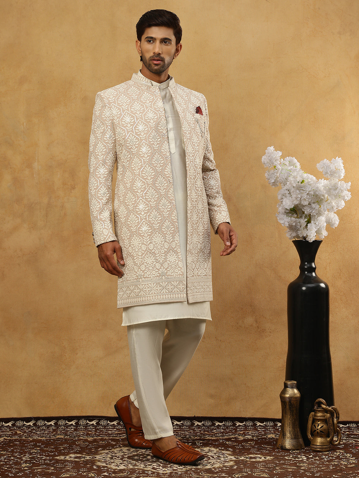 DesiQlo Men Embroidered Indo Western Set - Beige - 50JIND_592W_149Beig