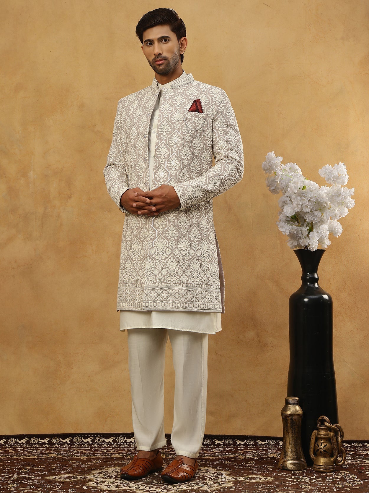 DesiQlo Men Embroidered Indo Western Set - Grey
