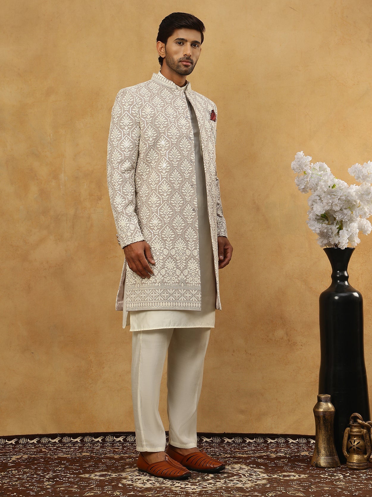 DesiQlo Men Embroidered Indo Western Set - Grey