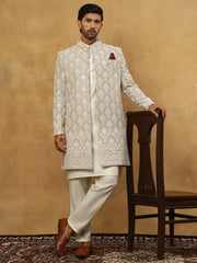 Cotton Blend Embroidered Indo-Western Set ( 50JIND 592W 149Grey )