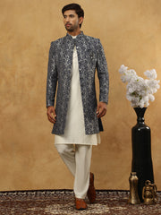 Men’s Woven Silk Jacquard Indo-Western Set ( 50JIND 592W 164Grey )