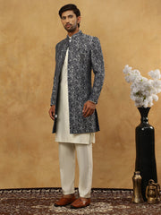 Men’s Woven Silk Jacquard Indo-Western Set ( 50JIND 592W 164Grey )